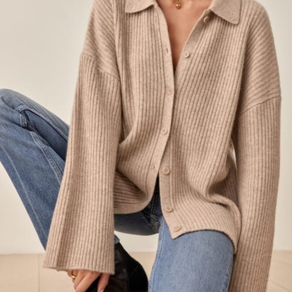 NWOT Reformation Fantino Cashmere Collared Cardigan in Oatmeal - Picture 4 of 8